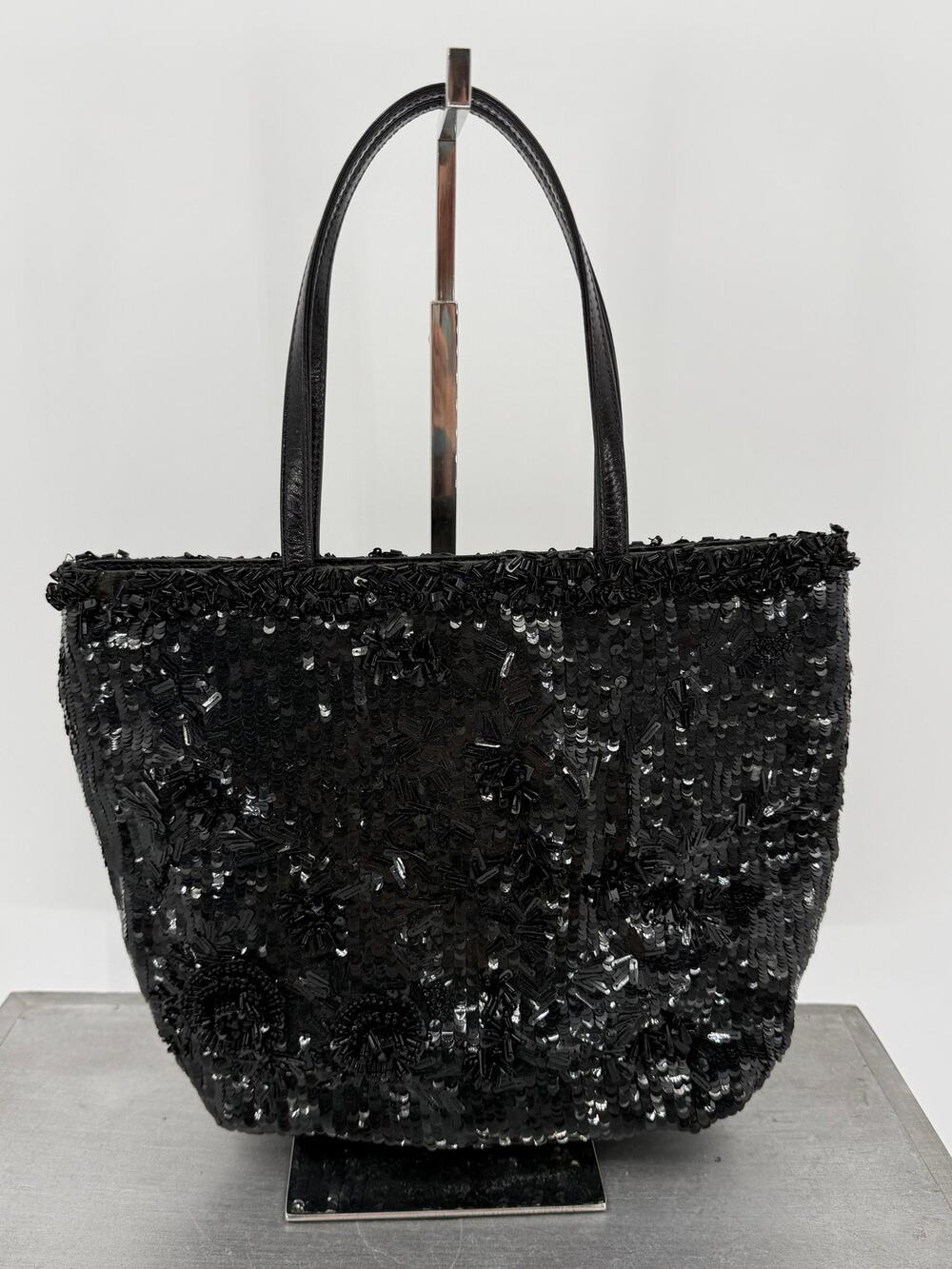 Authentic VTG Valentino Garavani Black Beaded Sequin Floral Evening Bag Italian